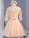 Long Sleeve Light Peach Open Back Lace Cute Homecoming Prom Dresses, Affordable Short Party Prom Dresses, Perfect Homecoming Dresses, CM319