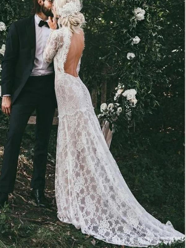 Long Mermaid Backless High Neck Long Sleeves Lace Wedding Dresses,WD759