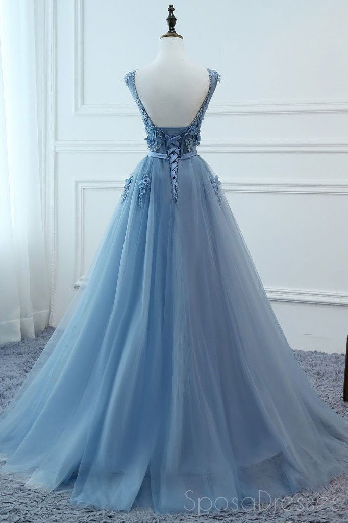 V Neck Dusty Blue Lace Beaded Long Evening Prom Dresses, Cheap Custom Party Prom Dresses, 18585