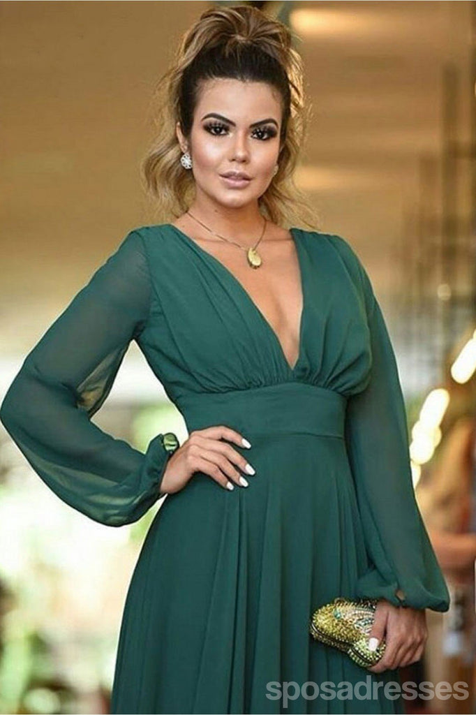 V Back Long Sleeves Green Chiffon Cheap Bridesmaid Dresses Online, WG760