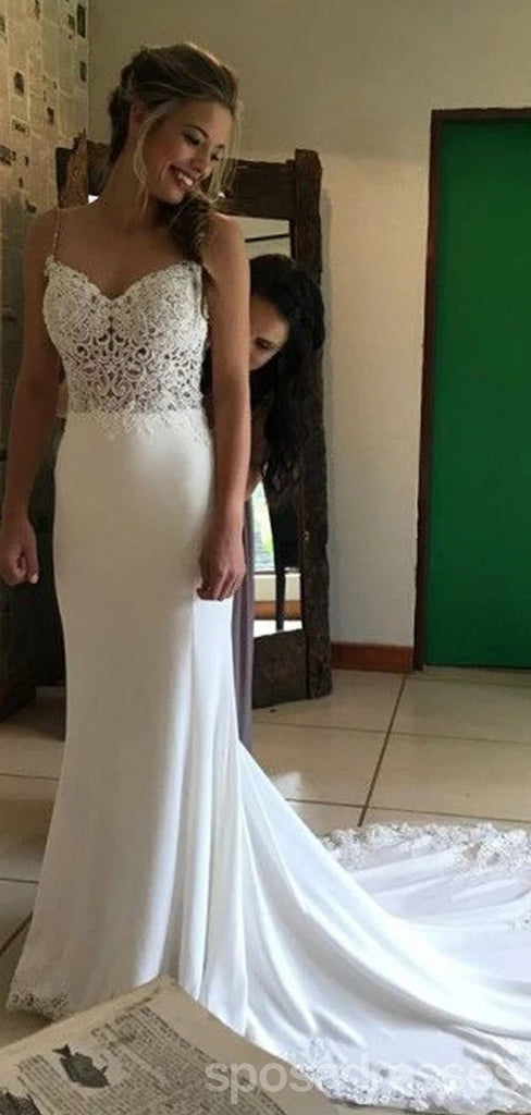 Espagueti atan trajes de novia de la sirena sin espalda atractivos con correa vestidos nupciales en línea, baratos, WD617