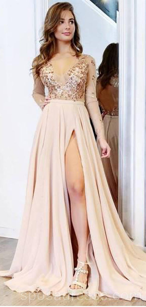 Long Sleeves Sparkly Chiffon Long Evening Prom Dresses, Cheap Custom Party Prom Dresses, 18570