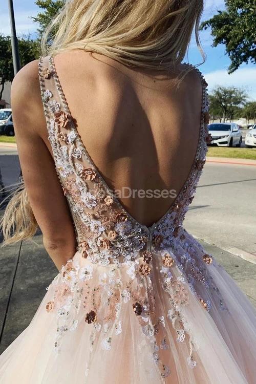 Sexy Backless Pink Lace Beaded Evening Prom Dresses, Evening Party Prom Dresses, 12289