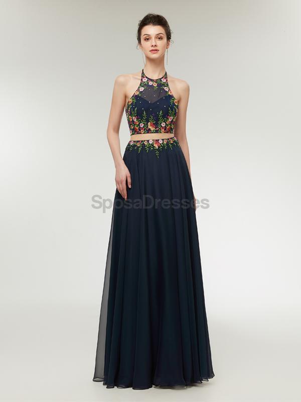 Two Pieces Halter Lace Applique Long Evening Prom Dresses, Evening Party Prom Dresses, 12005