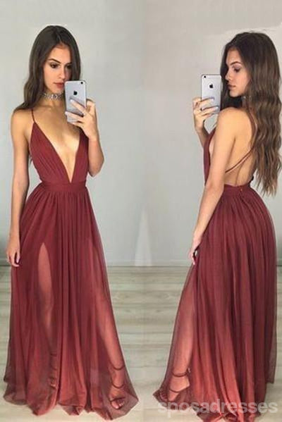 Sexy Backless Deep V Neckline Side Slit Chiffon Long Evening Prom Dresses, Popular Cheap Long Custom Party Prom Dresses, 17326