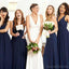 V Neck Navy Blue Chiffon Long baratos dama de honra vestidos on-line, WG609