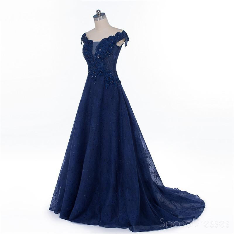 Cap Sleepe Navy Blue See Through A line Lace Beaded Long Evening Prom Dresses, Popular Cheap Long 2018 Party Prom Dresses, 17229