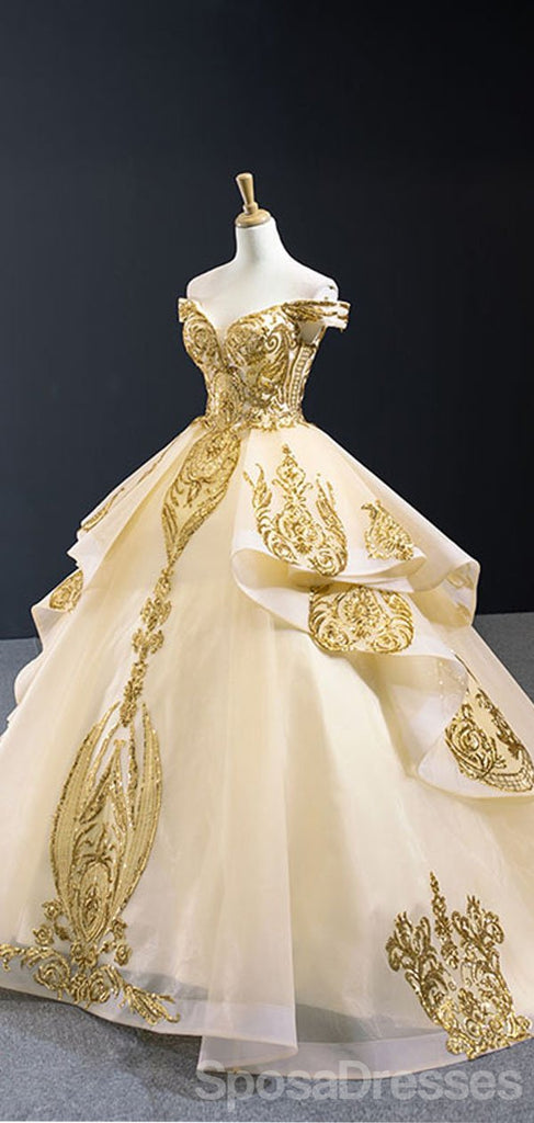 Off Shoulder Gold Applique Ball Gown Wedding Dresses, Gold Wedding Gown, WD709