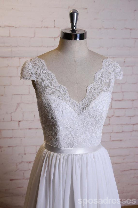 Lace Cap Sleeves V Neck Cheap Beach Wedding Dresses Online, WD375