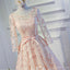 Long Sleeve Light Peach Open back Lace Cute Homecoming Prom Dresses, Affordable Short Party Prom Dresses, Perfect Homecoming Dresses, CM317