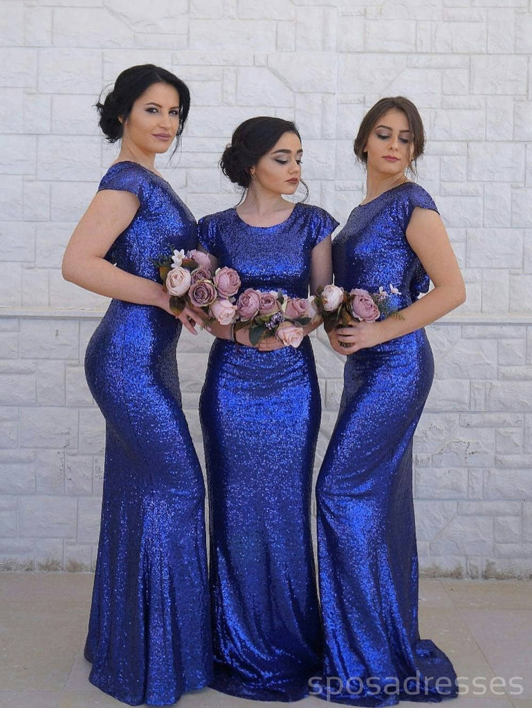 Manches courtes Royal Blue Mermaid Cheap Long Bridesmaid en ligne, WG252