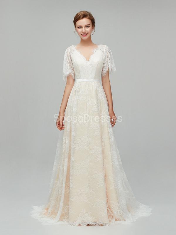 Champagne Short Sleeves Lace A-line Vestidos Baratos Online, Vestidos Bridal Baratos, WD561