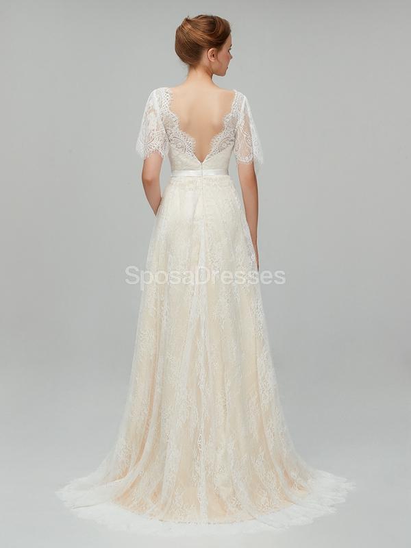 Champagne Short Sleeves Lace A-line Vestidos Baratos Online, Vestidos Bridal Baratos, WD561