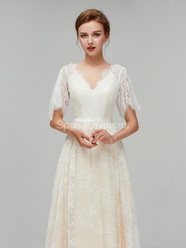 Champagne Short Sleeves Lace A-line Vestidos Baratos Online, Vestidos Bridal Baratos, WD561