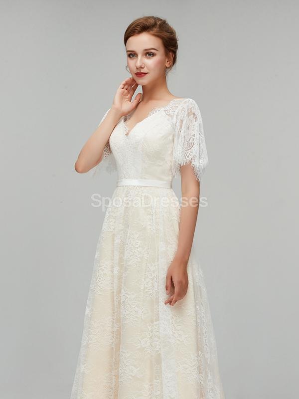 Champagne Short Sleeves Lace A-line Vestidos Baratos Online, Vestidos Bridal Baratos, WD561