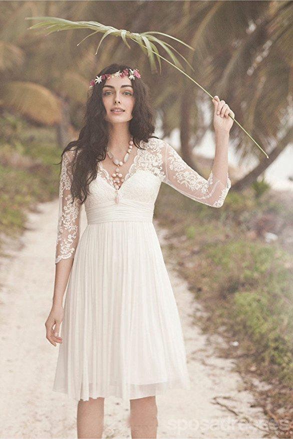 Vestidos de novia de playa cortos de encaje de manga larga baratos, WD330