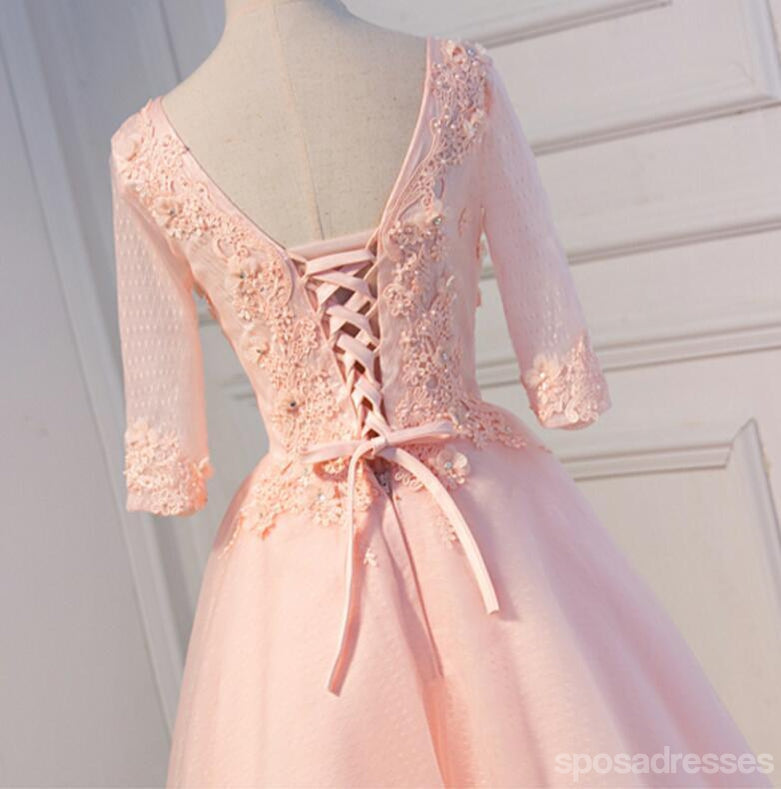 Long Sleeve Light Peach Open Back See Through Lace Cute Homecoming Prom Dresses, Affordable Short Party Prom Dresses, Perfect Homecoming Dresses, CM318