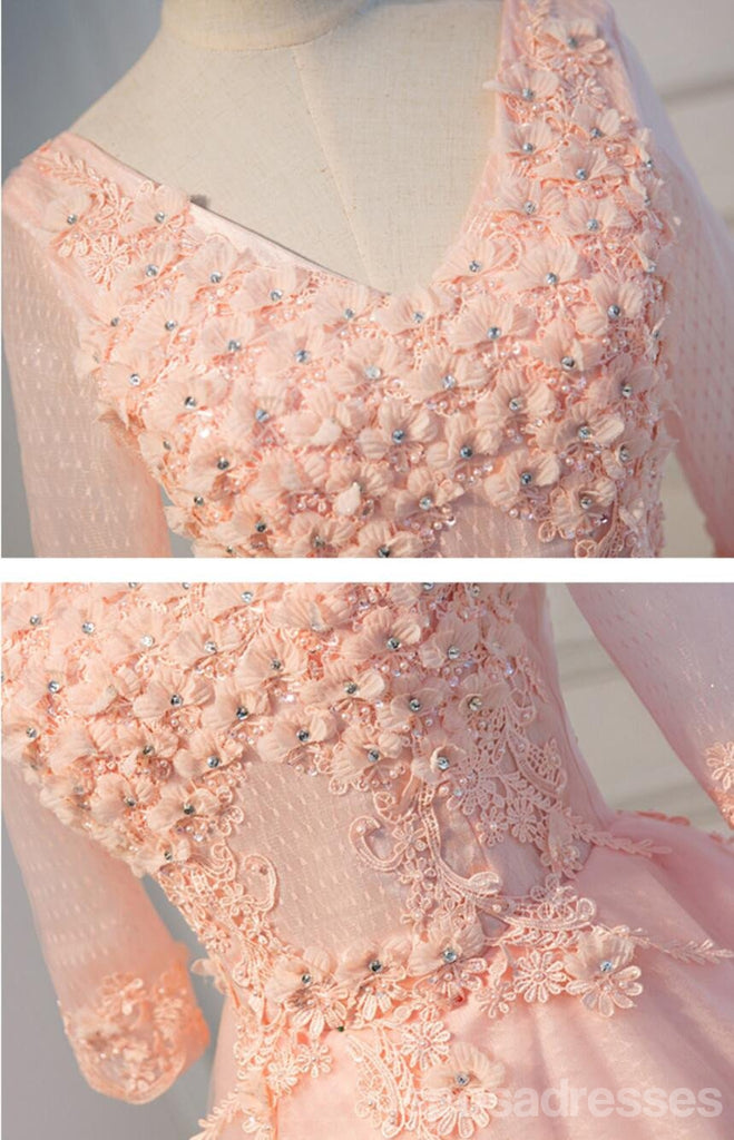 Long Sleeve Light Peach Open Back See Through Lace Cute Homecoming Prom Dresses, Affordable Short Party Prom Dresses, Perfect Homecoming Dresses, CM318