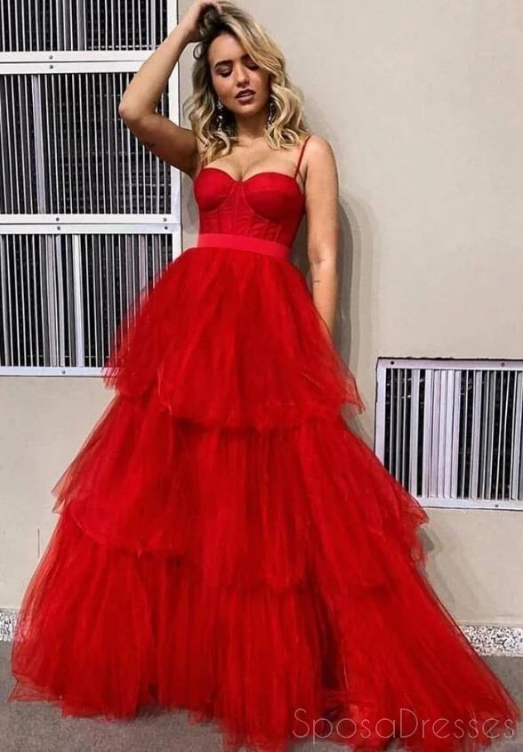 Correas espaguetis Volantes rojos Una línea de tul Vestidos de fiesta largos de noche, Vestidos de fiesta de noche, 12181