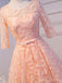 Langarm Peach Open back Lace Cute Homecoming Prom Kleider, Günstige Kurzes Partei Prom Kleider, die Perfekte Homecoming Kleider, CM316