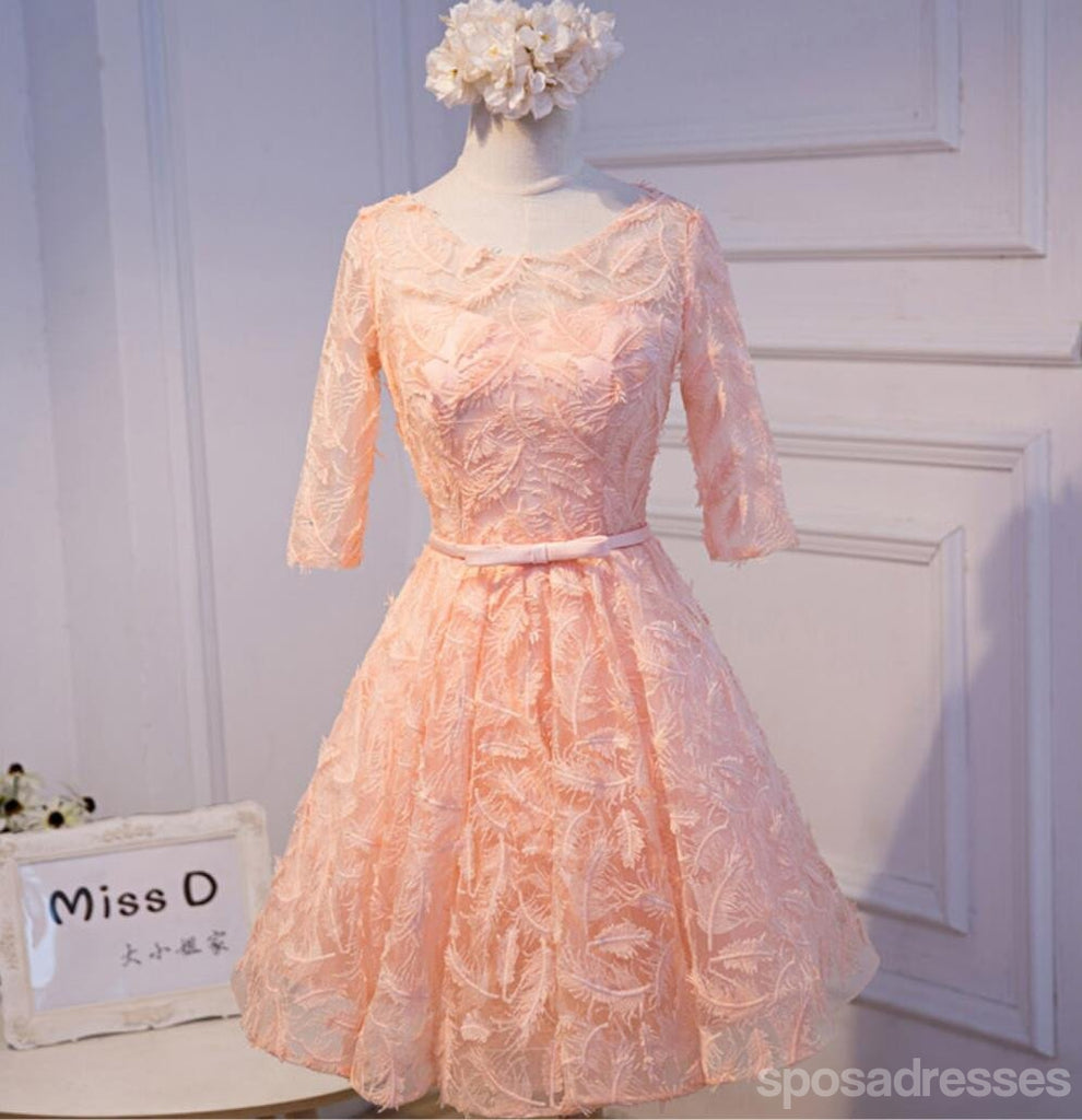 Langarm Peach Open back Lace Cute Homecoming Prom Kleider, Günstige Kurzes Partei Prom Kleider, die Perfekte Homecoming Kleider, CM316