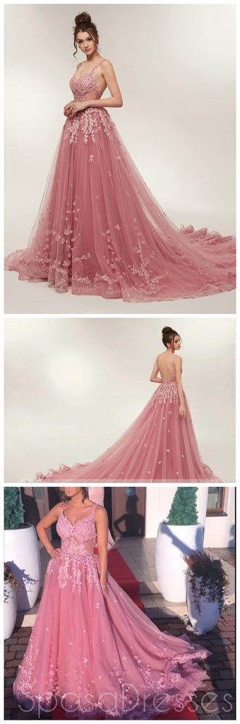 See Through Dusty Pink Lace A-line Long Evening Prom Dresses, Cheap Sweet 16 Dresses, 18354