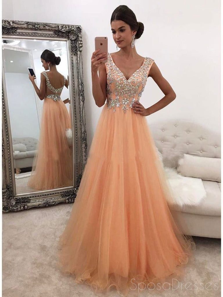 Peach V Neckline Rhinestone Low Back Tulle A line Long Custom Evening Prom Dresses, 17398