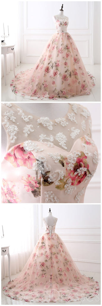 Unique Flower Fabric A-line Bateau Lace Long Evening Prom Dresses, Sparkly Sweet 16 Dresses, 18343