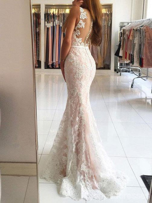 Deep V Neckline Lace Mermaid Long Evening Prom Dresses, 17344