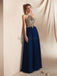 Navy Gold Lace Beaded Chiffon Evening Prom Dresses, Evening Party Prom Dresses, 12067