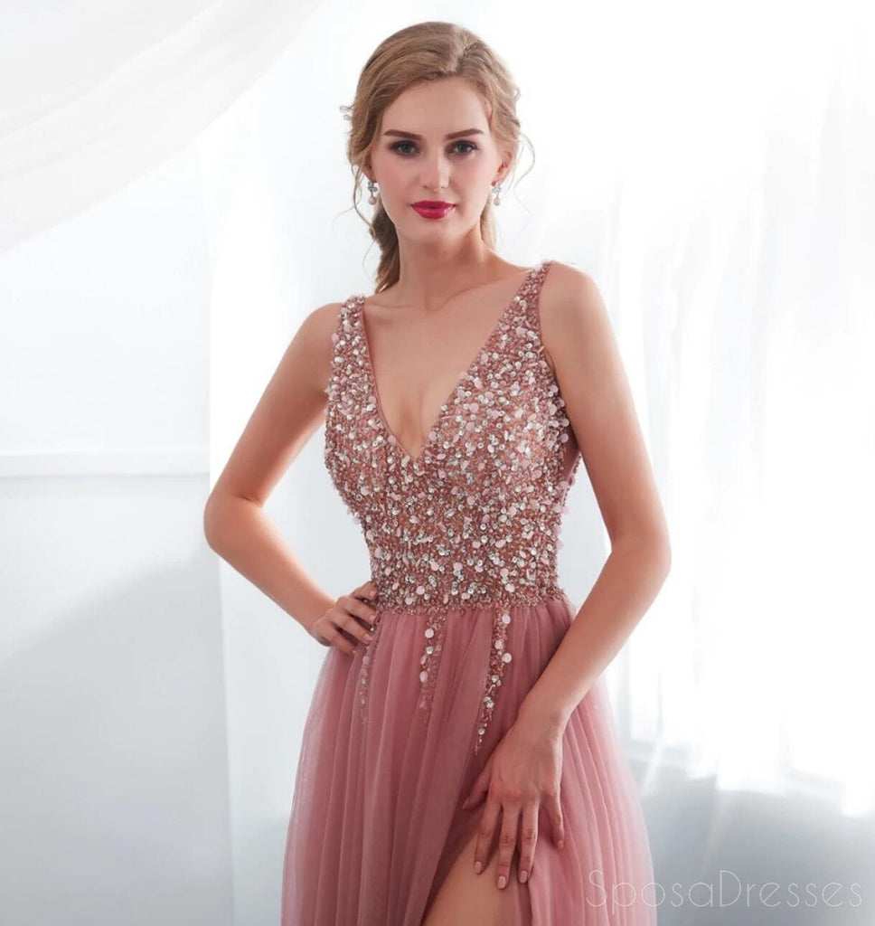 Dusty Pink V Neck côté Neck Beaded Long Evening Prom Dresses, Cheap Custom Sweet 16 Dresses, 18519