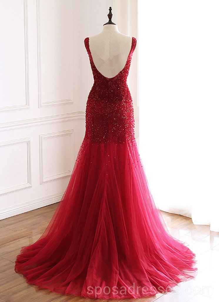 Mermaid See Through Red Long Evening Prom Dresses, Cheap Custom Party Prom Dresses, 18598