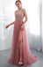 Dusty Pink V Neck côté Neck Beaded Long Evening Prom Dresses, Cheap Custom Sweet 16 Dresses, 18519