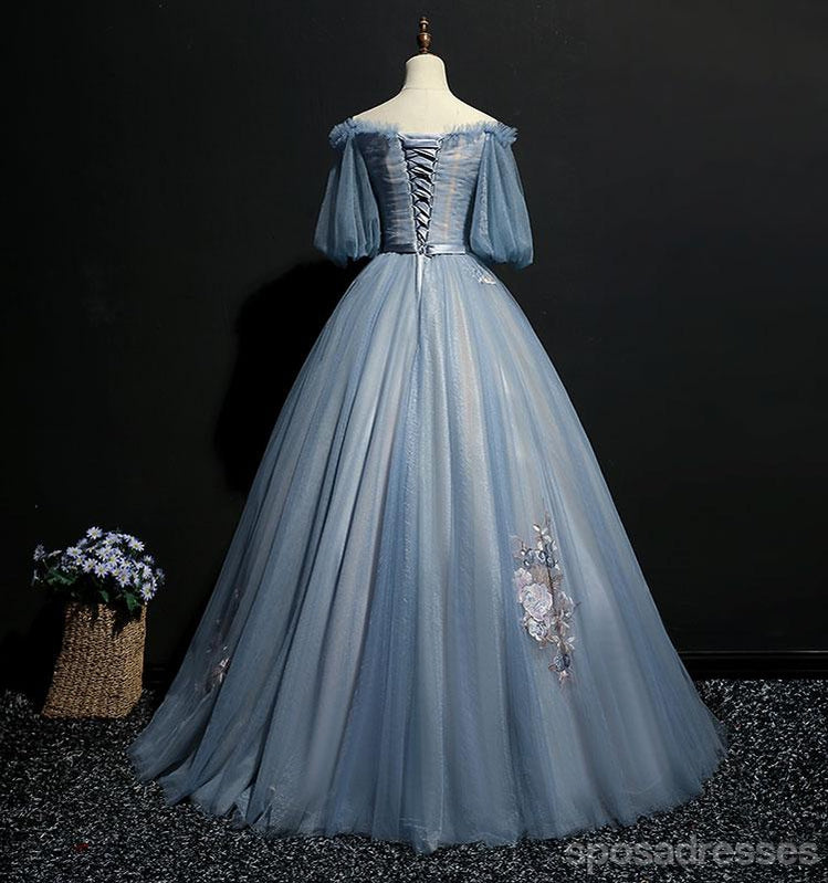 Blue A-line Off Shoulder Half Sleeves Long Party Prom Dresses, Dance Dresses,12550