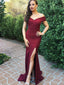 Sexy Off Shoulder Maroon Side Slit Mermaid Long Evening Prom Dresses, 17547