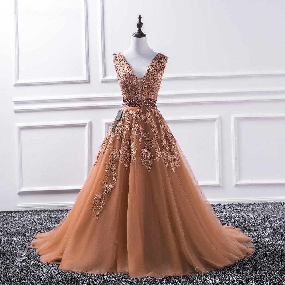 Sexy Deep V Neckline Brown A line Lace Long Evening Prom Dresses, Popular Cheap Long 2018 Party Prom Dresses, 17237