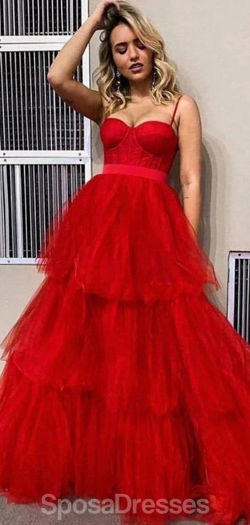 Correas espaguetis Volantes rojos Una línea de tul Vestidos de fiesta largos de noche, Vestidos de fiesta de noche, 12181