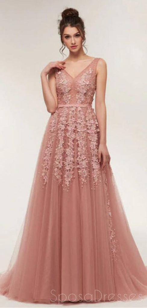 Polvoriento Pink V Cuello Encajes Beaded Long Evening Prom Vestidos, Barato Custom Sweet 16 Vestidos, 18521