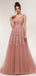 Polvoriento Pink V Cuello Encajes Beaded Long Evening Prom Vestidos, Barato Custom Sweet 16 Vestidos, 18521