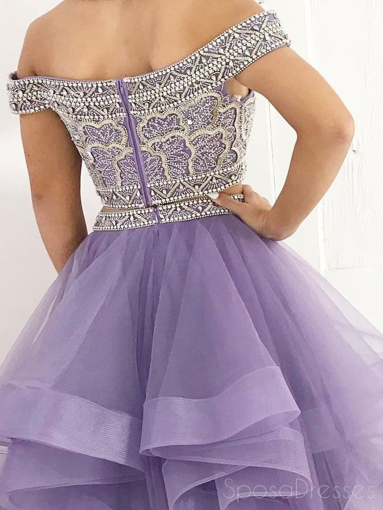 Lilac Off Shoulder Organza Two Pieces A line Long Custom Evening Prom Dresses, 17444