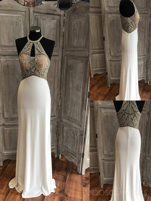 Halter See Through Delicately Beaded White Long Evening Prom Dresses, Popular Cheap Long Custom Party Prom Dresses, 17320