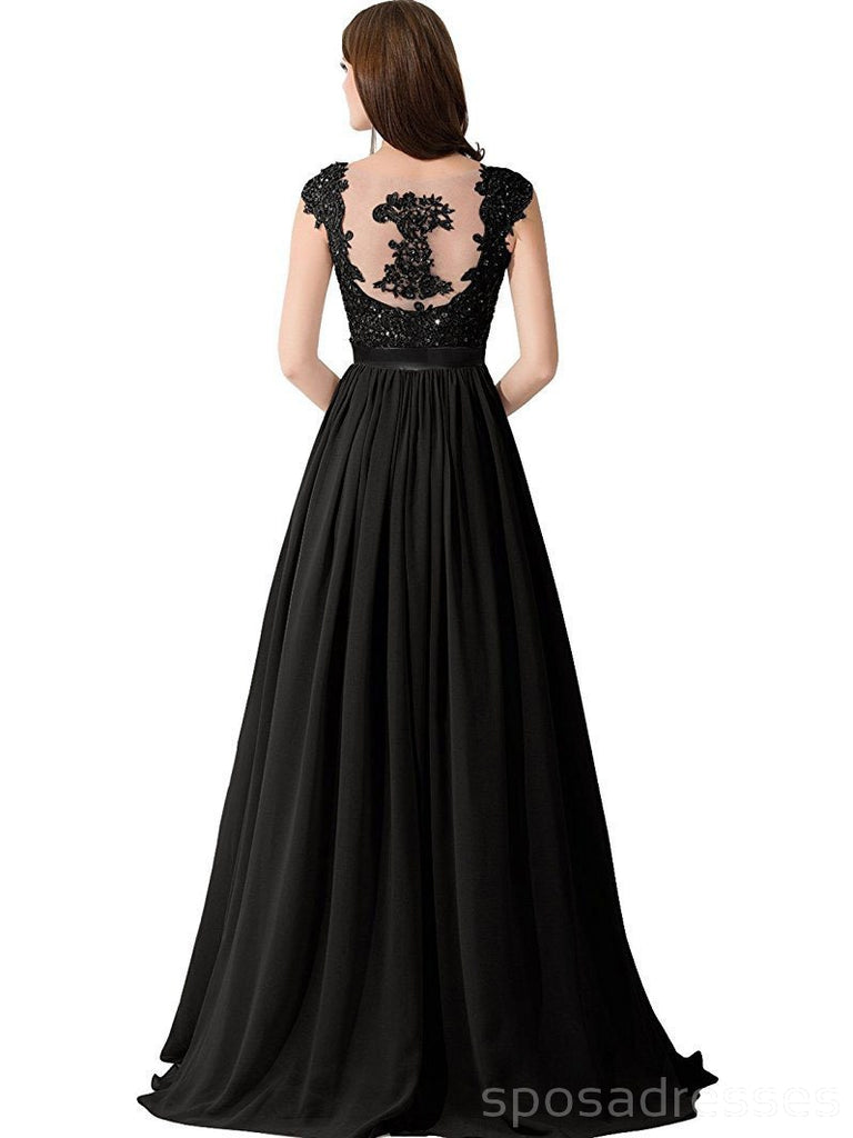 Cap Sleeve Lace Beaded See Through Black Chiffon Long Bridesmaid Dresses Online, WG286