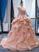 Peach Lace Beaded Ruffle Ball Gown Evening Prom Dresses, Evening Party Prom Dresses, 12253