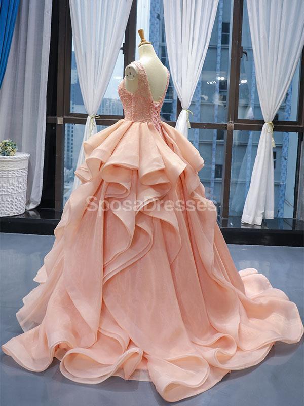 Peach Lace Beaded Ruffle Ball Gown Evening Prom Dresses, Evening Party Prom Dresses, 12253