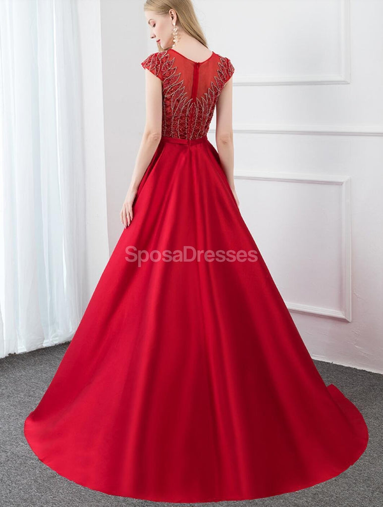 Cap Sleeves Red Beaded Long Evening Prom Dresses, Evening Party Prom Dresses, 12291