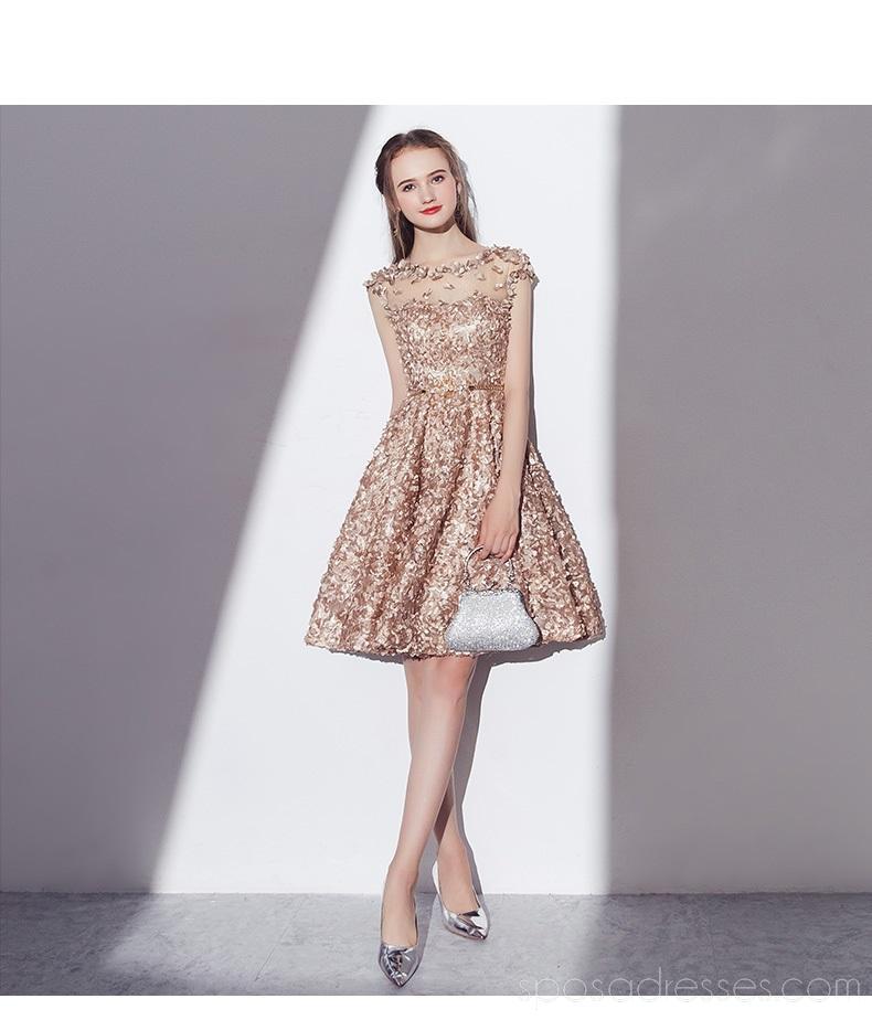 Cap Sleeves See Through Gold Lace Cheap Homecoming Dresses Online, Cheap Short Prom Dresses, CM789