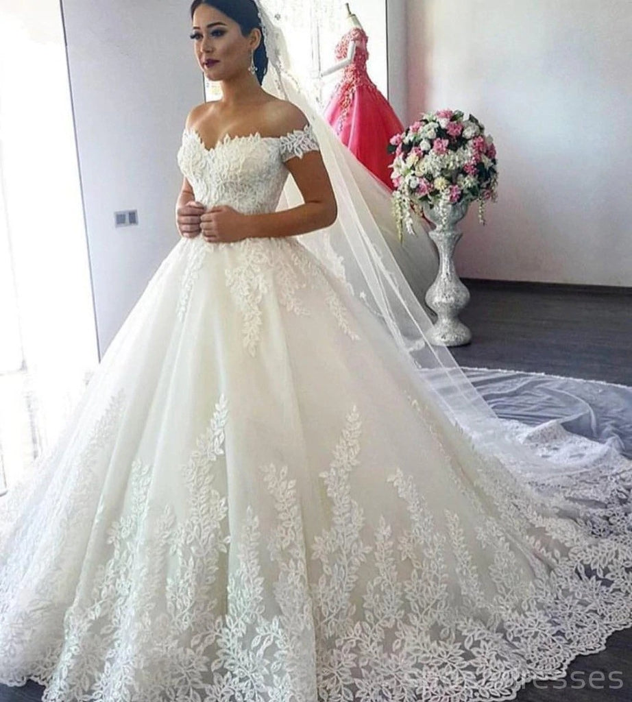 Off Shoulder A-line Lace Cheap Wedding Dresses Online, Cheap Bridal Dresses, WD504