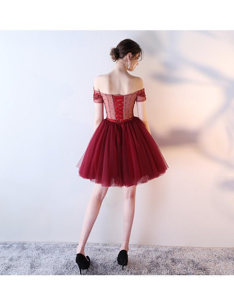 Off Shoulder Lace Beaded See Through Red Homecoming Kleider Online, Günstige kurze Prom Kleider, CM790