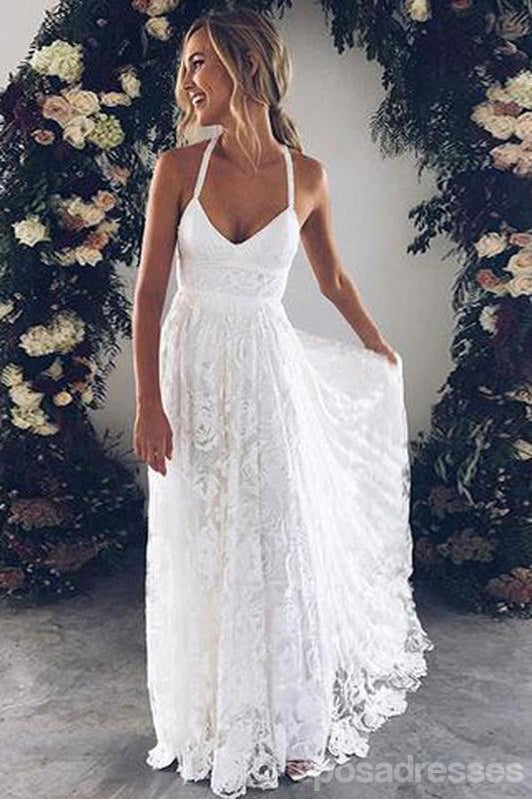 Long A-line Straps v-neck Side Slit Lace Wedding Dresses Online,WD748