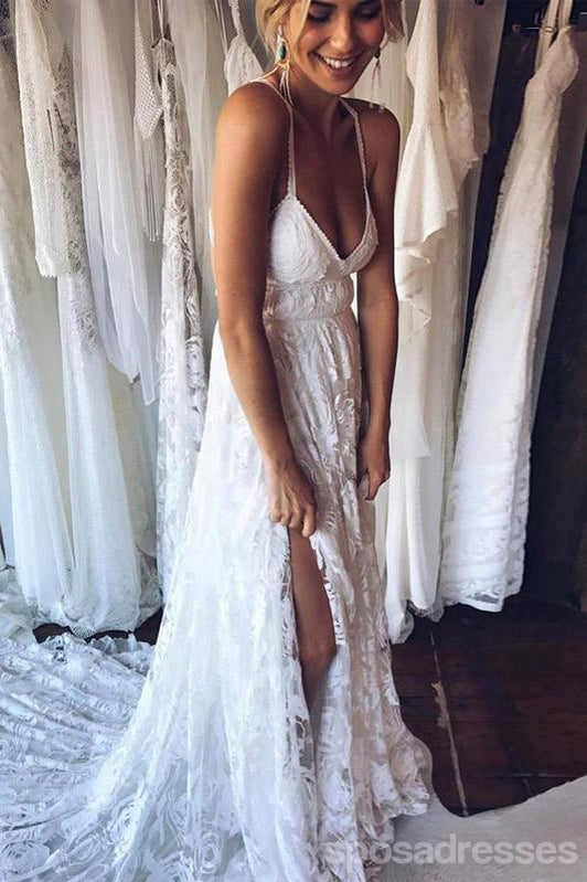 Long A-line Straps v-neck Side Slit Lace Wedding Dresses Online,WD748